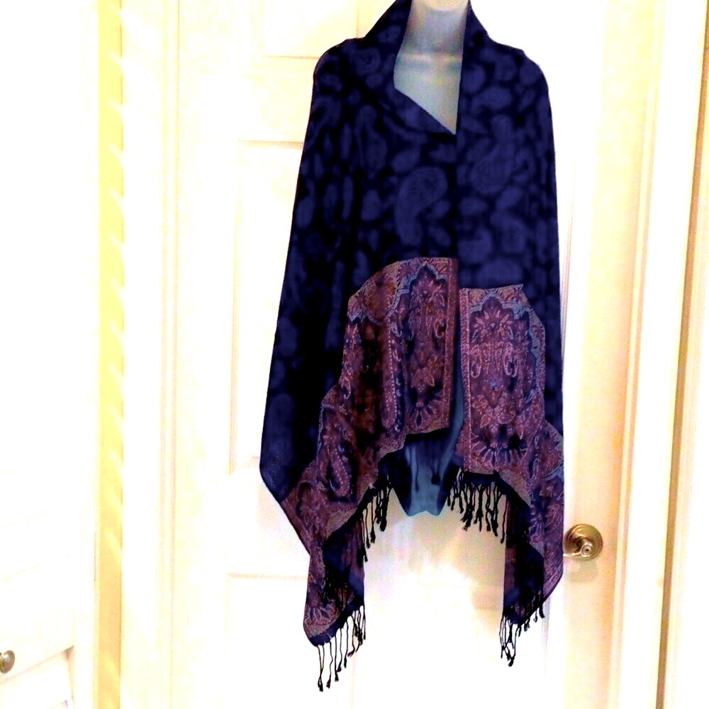 Richly decorated wrap indigo paisley w multi color fine edge detail.